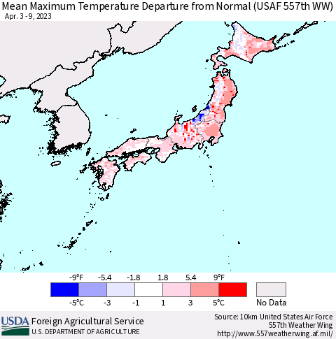 Japan Mean Maximum Temperature Departure from Normal (USAF 557th WW) Thematic Map For 4/3/2023 - 4/9/2023