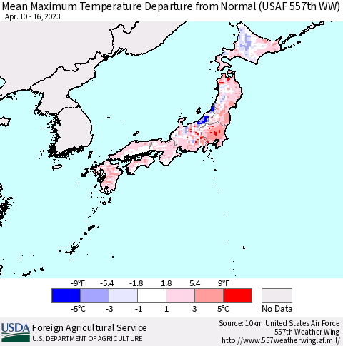 Japan Mean Maximum Temperature Departure from Normal (USAF 557th WW) Thematic Map For 4/10/2023 - 4/16/2023