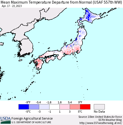 Japan Mean Maximum Temperature Departure from Normal (USAF 557th WW) Thematic Map For 4/17/2023 - 4/23/2023