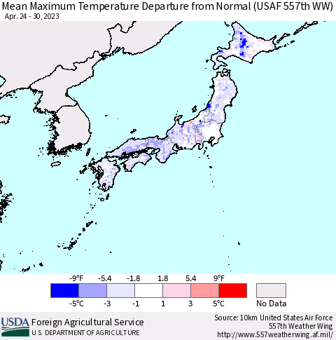 Japan Mean Maximum Temperature Departure from Normal (USAF 557th WW) Thematic Map For 4/24/2023 - 4/30/2023