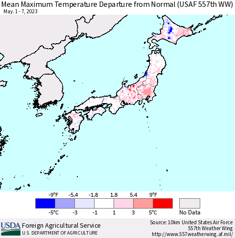 Japan Mean Maximum Temperature Departure from Normal (USAF 557th WW) Thematic Map For 5/1/2023 - 5/7/2023