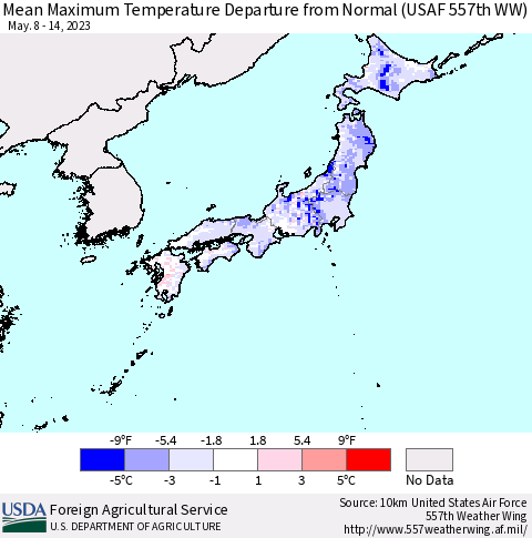 Japan Mean Maximum Temperature Departure from Normal (USAF 557th WW) Thematic Map For 5/8/2023 - 5/14/2023