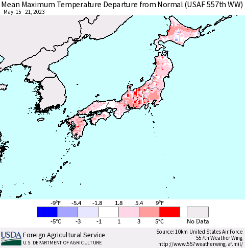 Japan Mean Maximum Temperature Departure from Normal (USAF 557th WW) Thematic Map For 5/15/2023 - 5/21/2023