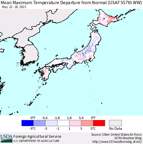 Japan Mean Maximum Temperature Departure from Normal (USAF 557th WW) Thematic Map For 5/22/2023 - 5/28/2023