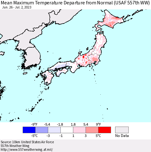 Japan Mean Maximum Temperature Departure from Normal (USAF 557th WW) Thematic Map For 6/26/2023 - 7/2/2023