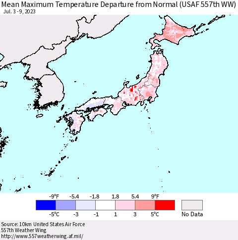 Japan Mean Maximum Temperature Departure from Normal (USAF 557th WW) Thematic Map For 7/3/2023 - 7/9/2023