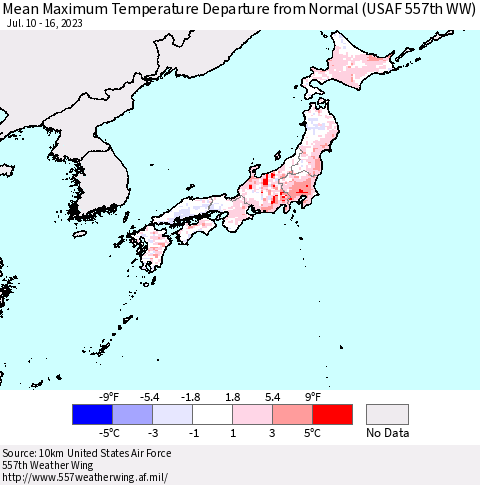 Japan Mean Maximum Temperature Departure from Normal (USAF 557th WW) Thematic Map For 7/10/2023 - 7/16/2023