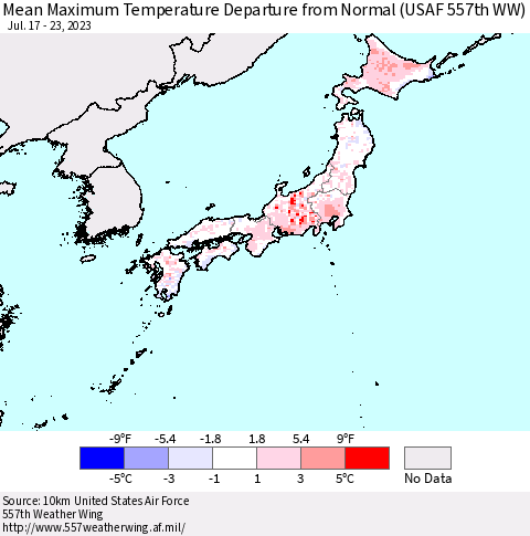 Japan Mean Maximum Temperature Departure from Normal (USAF 557th WW) Thematic Map For 7/17/2023 - 7/23/2023
