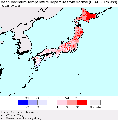 Japan Mean Maximum Temperature Departure from Normal (USAF 557th WW) Thematic Map For 7/24/2023 - 7/30/2023
