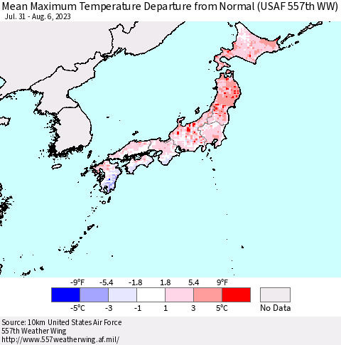 Japan Mean Maximum Temperature Departure from Normal (USAF 557th WW) Thematic Map For 7/31/2023 - 8/6/2023