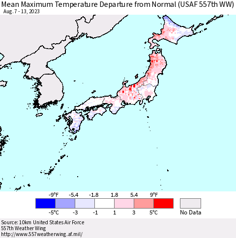 Japan Mean Maximum Temperature Departure from Normal (USAF 557th WW) Thematic Map For 8/7/2023 - 8/13/2023