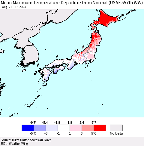 Japan Mean Maximum Temperature Departure from Normal (USAF 557th WW) Thematic Map For 8/21/2023 - 8/27/2023