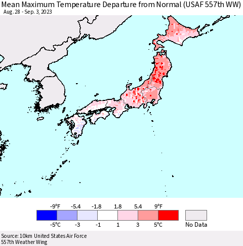 Japan Mean Maximum Temperature Departure from Normal (USAF 557th WW) Thematic Map For 8/28/2023 - 9/3/2023