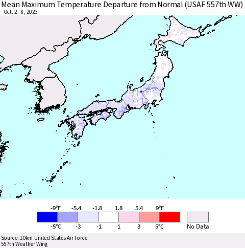 Japan Mean Maximum Temperature Departure from Normal (USAF 557th WW) Thematic Map For 10/2/2023 - 10/8/2023