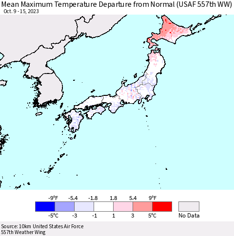 Japan Mean Maximum Temperature Departure from Normal (USAF 557th WW) Thematic Map For 10/9/2023 - 10/15/2023