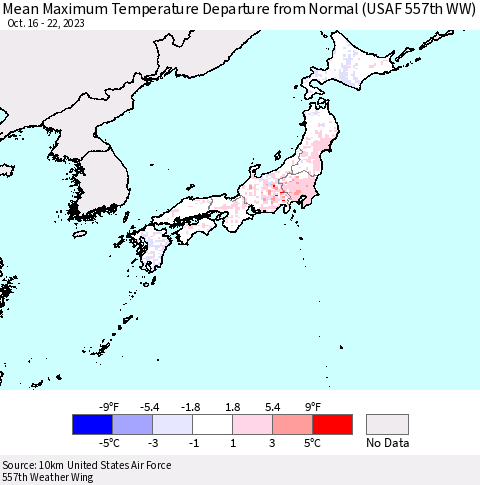 Japan Mean Maximum Temperature Departure from Normal (USAF 557th WW) Thematic Map For 10/16/2023 - 10/22/2023