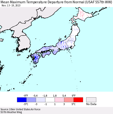 Japan Mean Maximum Temperature Departure from Normal (USAF 557th WW) Thematic Map For 11/13/2023 - 11/19/2023