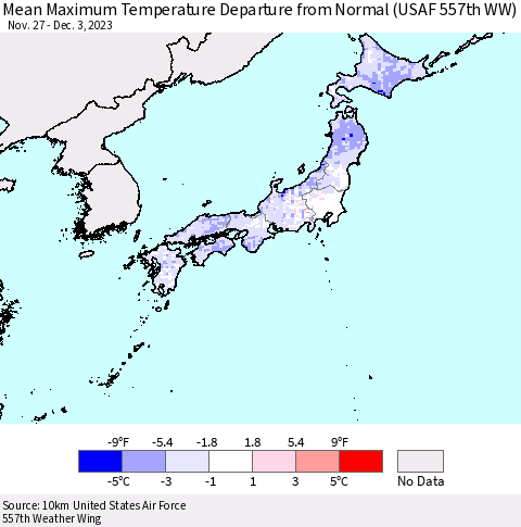 Japan Mean Maximum Temperature Departure from Normal (USAF 557th WW) Thematic Map For 11/27/2023 - 12/3/2023