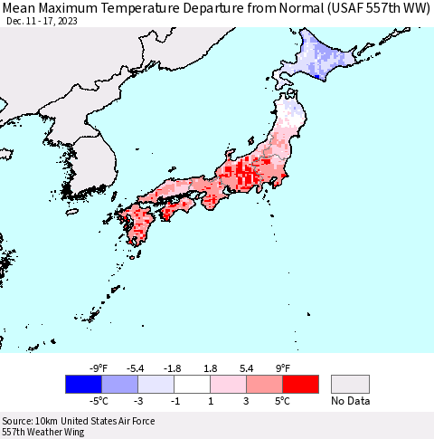 Japan Mean Maximum Temperature Departure from Normal (USAF 557th WW) Thematic Map For 12/11/2023 - 12/17/2023