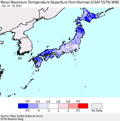 Japan Mean Maximum Temperature Departure from Normal (USAF 557th WW) Thematic Map For 12/18/2023 - 12/24/2023