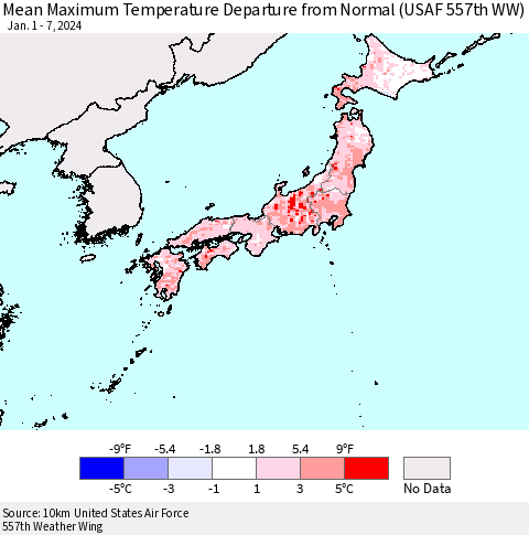 Japan Mean Maximum Temperature Departure from Normal (USAF 557th WW) Thematic Map For 1/1/2024 - 1/7/2024