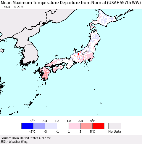 Japan Mean Maximum Temperature Departure from Normal (USAF 557th WW) Thematic Map For 1/8/2024 - 1/14/2024