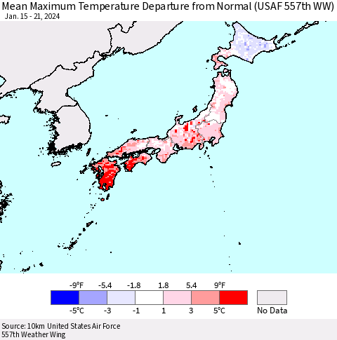 Japan Mean Maximum Temperature Departure from Normal (USAF 557th WW) Thematic Map For 1/15/2024 - 1/21/2024