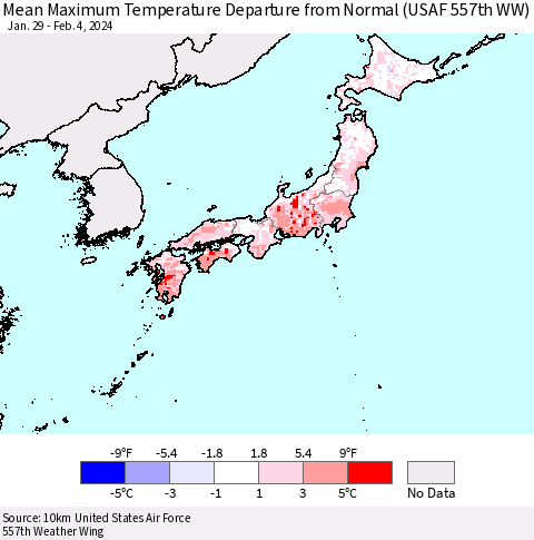Japan Mean Maximum Temperature Departure from Normal (USAF 557th WW) Thematic Map For 1/29/2024 - 2/4/2024