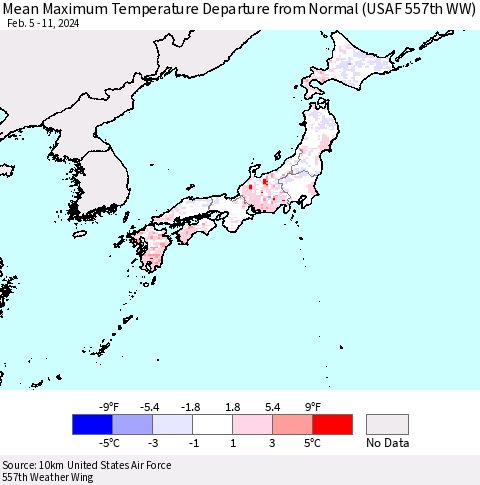 Japan Mean Maximum Temperature Departure from Normal (USAF 557th WW) Thematic Map For 2/5/2024 - 2/11/2024
