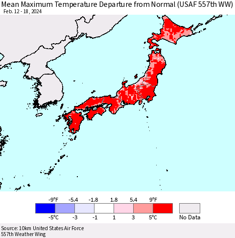Japan Mean Maximum Temperature Departure from Normal (USAF 557th WW) Thematic Map For 2/12/2024 - 2/18/2024