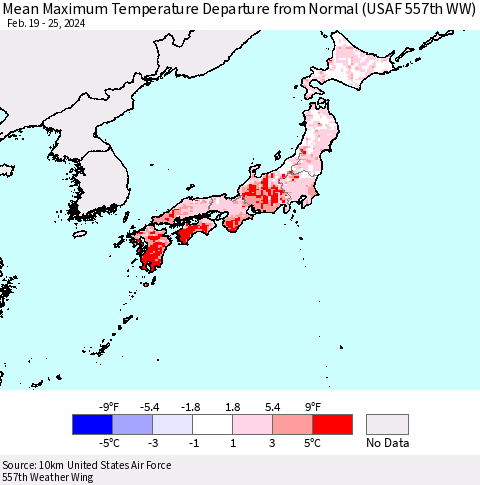 Japan Mean Maximum Temperature Departure from Normal (USAF 557th WW) Thematic Map For 2/19/2024 - 2/25/2024