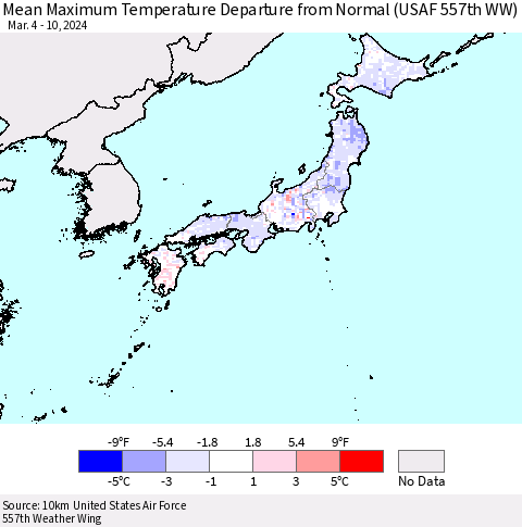Japan Mean Maximum Temperature Departure from Normal (USAF 557th WW) Thematic Map For 3/4/2024 - 3/10/2024