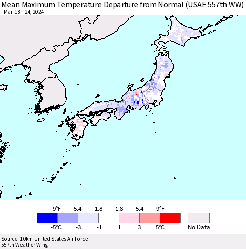 Japan Mean Maximum Temperature Departure from Normal (USAF 557th WW) Thematic Map For 3/18/2024 - 3/24/2024