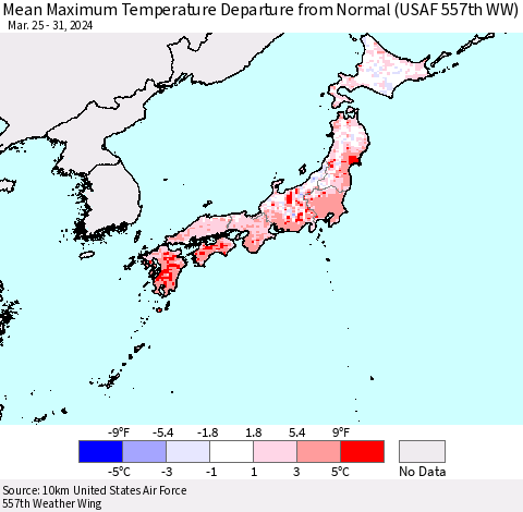 Japan Mean Maximum Temperature Departure from Normal (USAF 557th WW) Thematic Map For 3/25/2024 - 3/31/2024