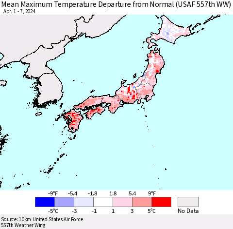 Japan Mean Maximum Temperature Departure from Normal (USAF 557th WW) Thematic Map For 4/1/2024 - 4/7/2024