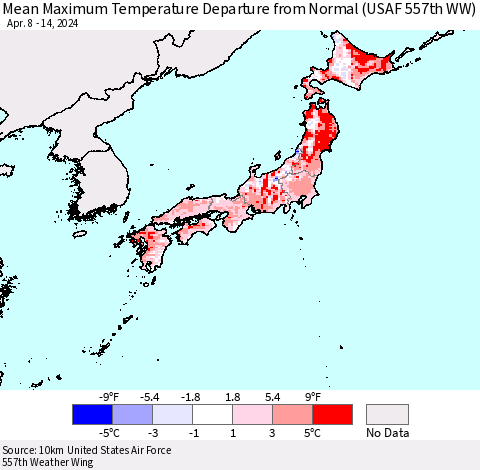 Japan Mean Maximum Temperature Departure from Normal (USAF 557th WW) Thematic Map For 4/8/2024 - 4/14/2024