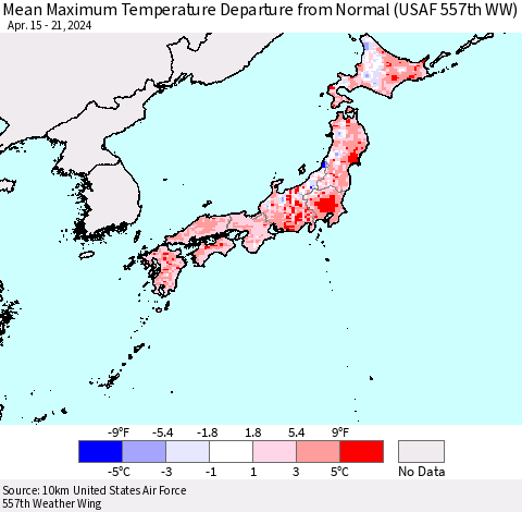 Japan Mean Maximum Temperature Departure from Normal (USAF 557th WW) Thematic Map For 4/15/2024 - 4/21/2024