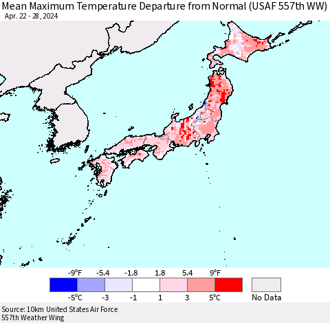 Japan Mean Maximum Temperature Departure from Normal (USAF 557th WW) Thematic Map For 4/22/2024 - 4/28/2024