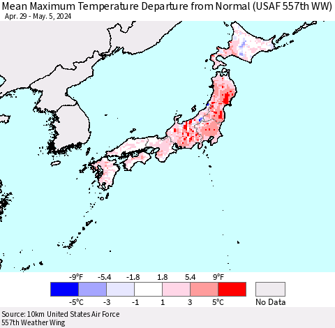 Japan Mean Maximum Temperature Departure from Normal (USAF 557th WW) Thematic Map For 4/29/2024 - 5/5/2024