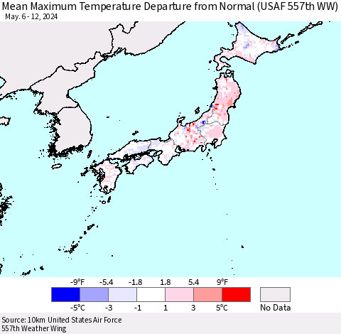Japan Mean Maximum Temperature Departure from Normal (USAF 557th WW) Thematic Map For 5/6/2024 - 5/12/2024