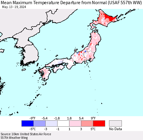 Japan Mean Maximum Temperature Departure from Normal (USAF 557th WW) Thematic Map For 5/13/2024 - 5/19/2024