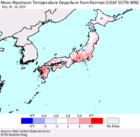 Japan Mean Maximum Temperature Departure from Normal (USAF 557th WW) Thematic Map For 5/20/2024 - 5/26/2024