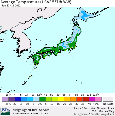 Japan Average Temperature (USAF 557th WW) Thematic Map For 1/10/2022 - 1/16/2022