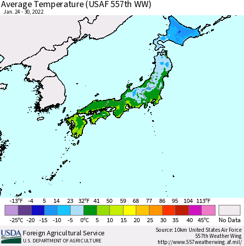 Japan Average Temperature (USAF 557th WW) Thematic Map For 1/24/2022 - 1/30/2022
