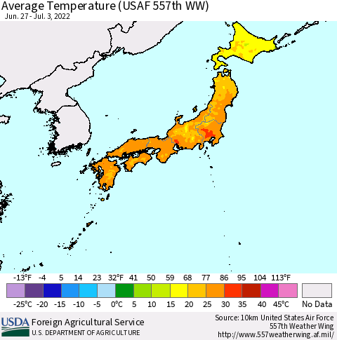 Japan Average Temperature (USAF 557th WW) Thematic Map For 6/27/2022 - 7/3/2022