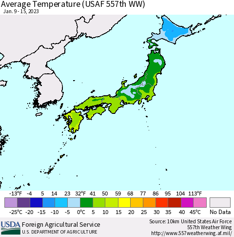 Japan Average Temperature (USAF 557th WW) Thematic Map For 1/9/2023 - 1/15/2023