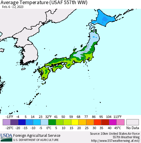 Japan Average Temperature (USAF 557th WW) Thematic Map For 2/6/2023 - 2/12/2023