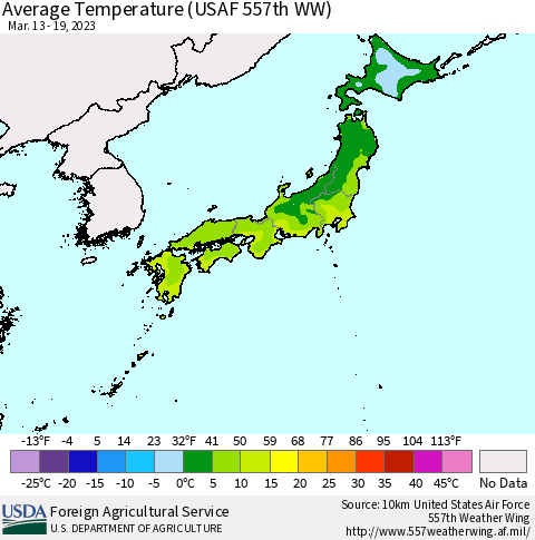 Japan Average Temperature (USAF 557th WW) Thematic Map For 3/13/2023 - 3/19/2023