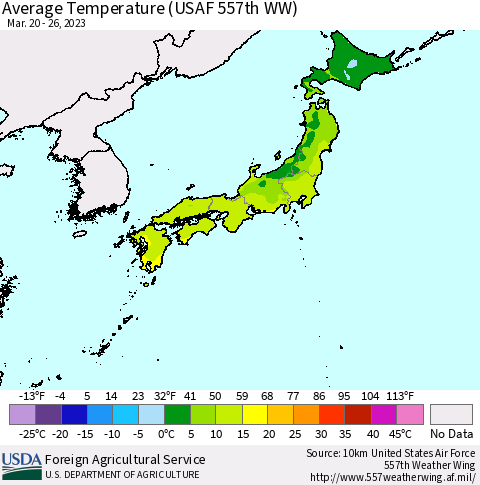 Japan Average Temperature (USAF 557th WW) Thematic Map For 3/20/2023 - 3/26/2023