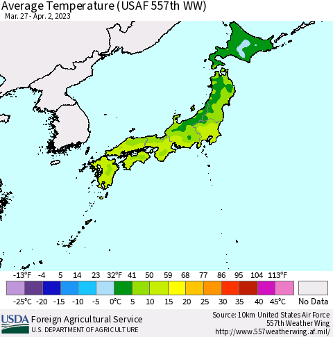 Japan Average Temperature (USAF 557th WW) Thematic Map For 3/27/2023 - 4/2/2023